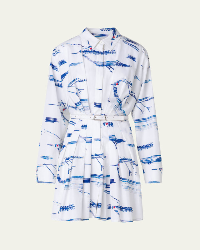 Cotton Poplin Belted Shirtdress in Kasuri Birds Print